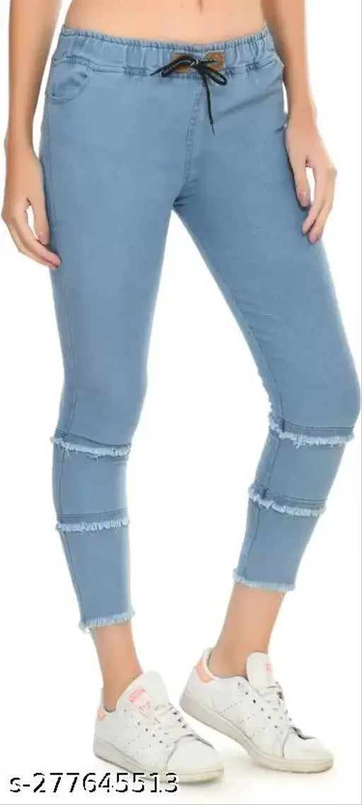 Light blue denim women's jogger fit jeans, designer details, comfortable wear