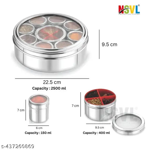 Silver 12-Compartment Spice Box - Stainless Steel Masala Dabba for Kitchen