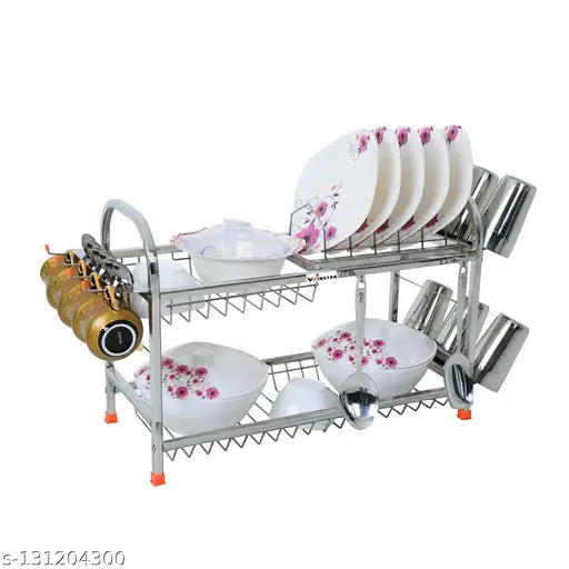 Stainless steel double-shelf wall mount kitchen utensil rack, including plate and cutlery stand, for dish drying and storage