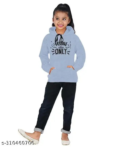 Grey fleece full-sleeve hoodie for girls (India), printed with winterwear design