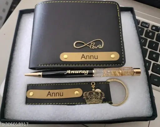 Canvas and leather personalized wallet key chain pen, textured net design with 2 compartments, free size (12cm x 15cm), made in India