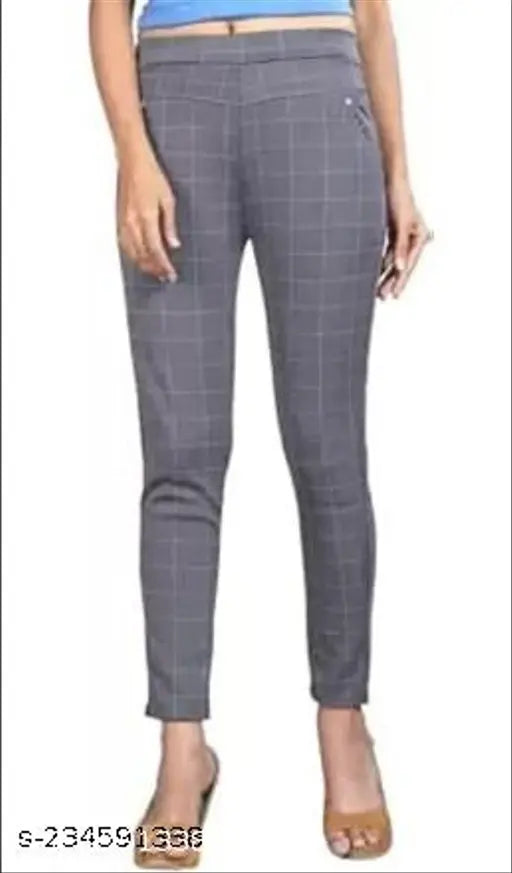 Grey Lycra checked slim fit jeggings for women, free size/24-34 with stylish and versatile appearance
