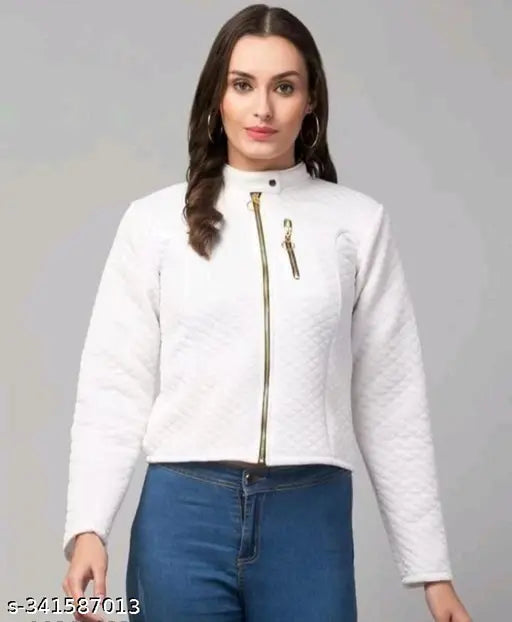 White wool quilted jacket with 2 zips, long sleeves, stylish design for women or girls. Made in India