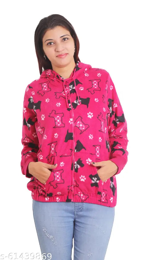 Women's puppy print hooded winter jacket, polyester, long sleeves, printed net, side 2 pockets, full closure with zipper, elastic waistband, suitable for winter occasions