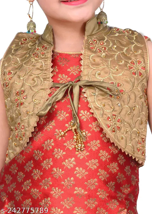 Red printed designer Kurta patiala salwar suit with jacket and dupatta for girls, Hariyal Creation Indian ethnic wear for kids