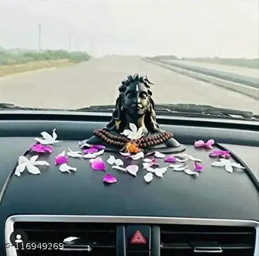 Black resin Adiyogi Shiva statue for car dashboard, pooja gift - decorative home office art