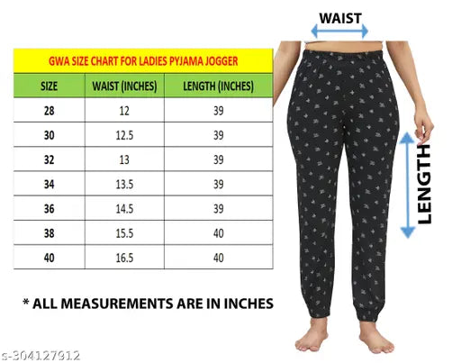 Womens print jogger, black pants with waist length. All measurements are in inches