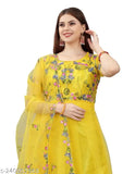 Yellow net embroidered gown with three-quarter sleeves, semi-stitched and comes with inner and dupatta. Indian bridal wear in free size (Bust 44in, Length 52in), 57 inch length. Dry clean or hand wash