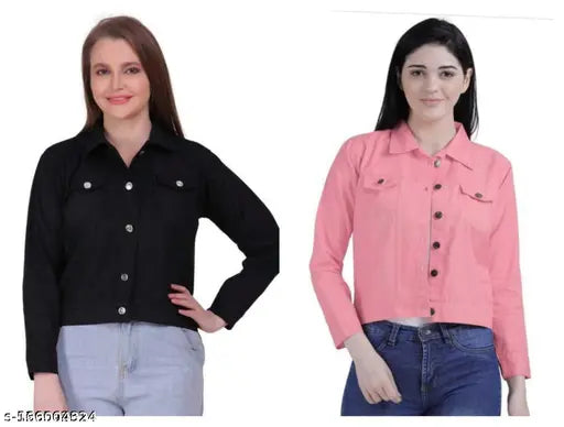 Denim women's jacket combo, solid color, long sleeves, size options: S-XL (India)
