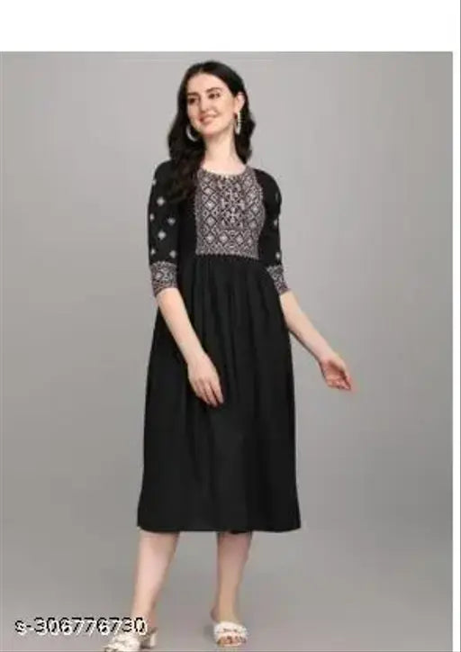 Black embroidered cotton rayon ethnic dress with three-quarter sleeves. Indian printed combo for women, sizes M-5XL