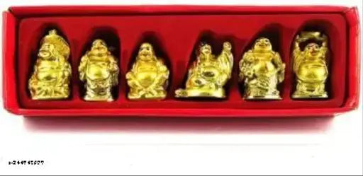 Golden Laughing Buddha set of 6 pieces, 6 Different statues made from polyresin, perfect for home or business decor
