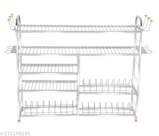 Stainless steel wall mount kitchen rack, featuring 5 shelves and a lower section for up to 3 plates or cutlery