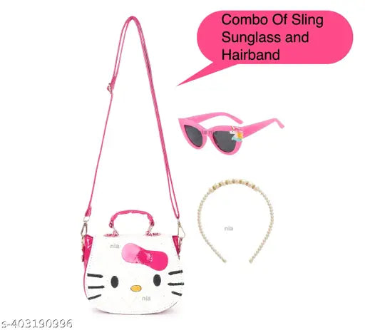 A colorful mini purse sling bag, pack of three, featuring a pink Hello Kitty design, includes sunglasses and a hairband, designed for girls and kids