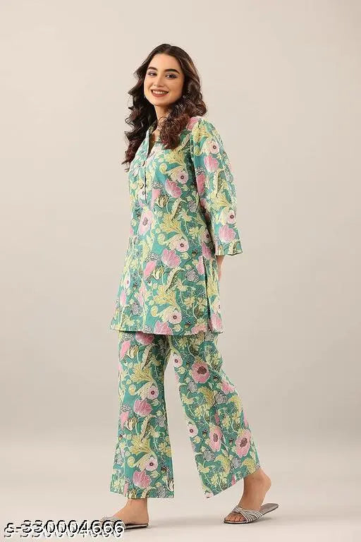 Women's trendy printed cotton blend straight pocket Kurta & Palazzo set, perfect for casual parties, festive wear, or office. Classic neck design, suitable for various occasions, made in India