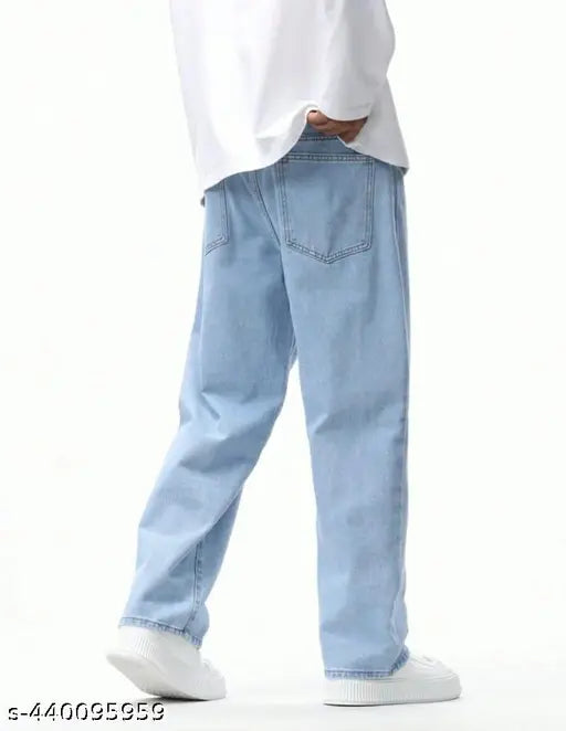 Wide leg blue denim jeans, straight cut for men