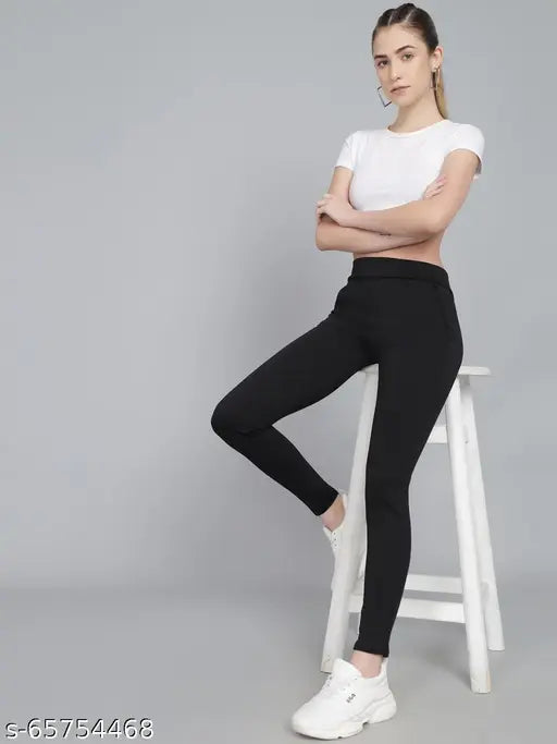 Stylish lycra blend jegging combo with zip detail and side pockets, available in various sizes up to 34