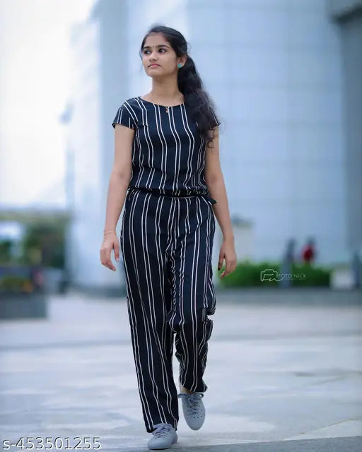 Trendy striped women's jumpsuit, poly crepe with short sleeves, printed net pattern in multiple sizes (XS-XXXL), quality and fitting assured, easy returns, online payment available, India origin