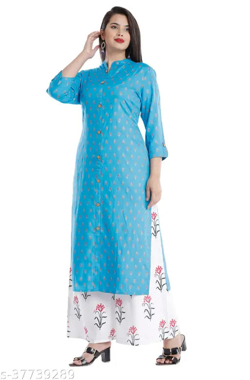 Blue Rayon Women's & Girls 3/4 Sleeve Printed Kurta with Palazzo Set - High-grade premium fabric for special occasions, casual or party wear