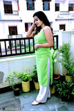 Green rayon sleeveless kurta with printed net palazzos, stylish Indian set for casual or social wear