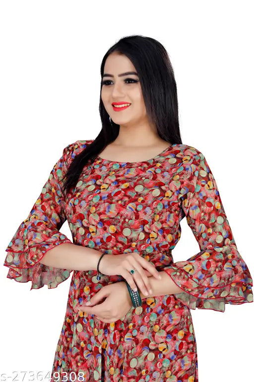 Georgette digital printed kurti-gown for women, bell sleeve, three-quarter length. India origin