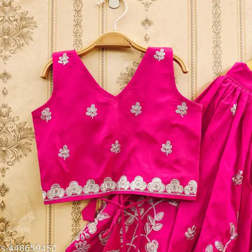 Taffeta silk lehenga choli set, fancy embroidered traditional dress for girls, Indian ethnic wear, sleeveless, 3-4 years size: waist 18in, length 24in