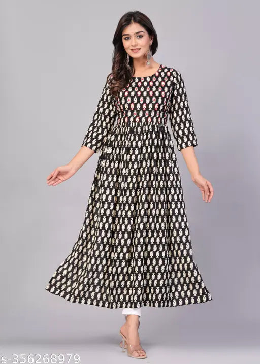 Black Viscose Rayon Naira Cut Kurta (S-XXL), printed floral design for women