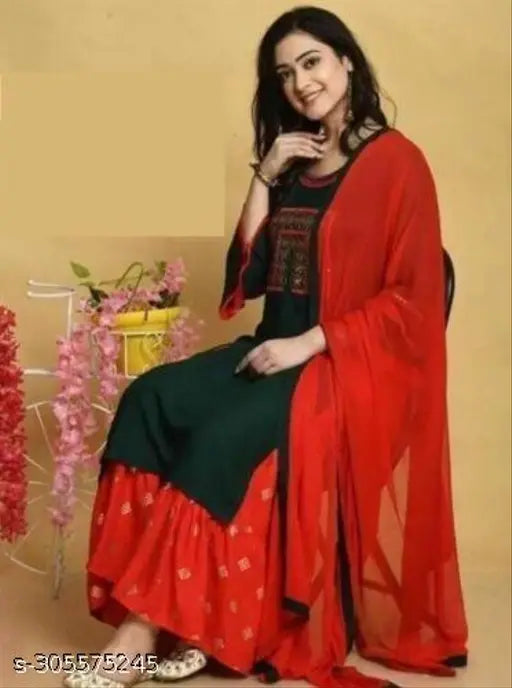 Red and black kameez with dupatta, traditional Indian outfit