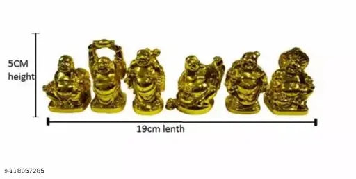 Golden, polyresin Feng Shui Laughing Buddha figurine set for wealth and happiness from India