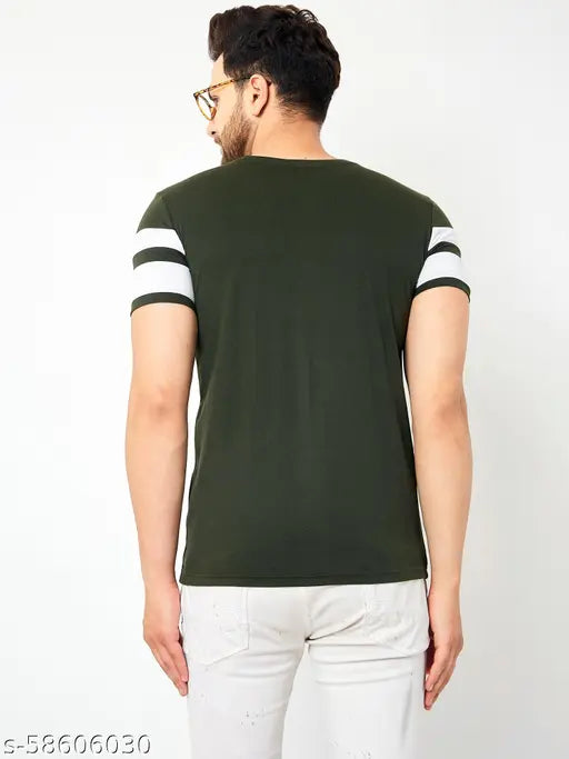 Green cotton blend round-neck t-shirt with horizontal stripes, AUSK color block men's style, size S (37" chest)