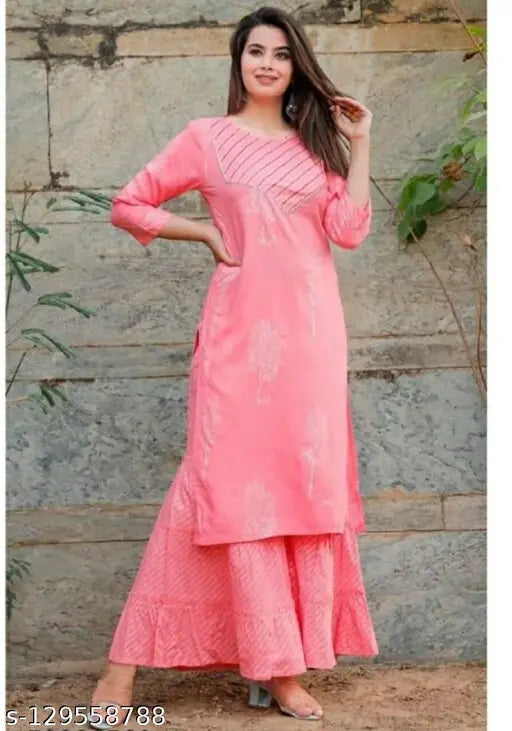 Women's fashionable Rayon kurta set with sharara bottoms, light pink color