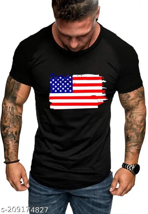 Cotton round neck printed men's t-shirt, short sleeves, vibrant design. Made in India. [size] available