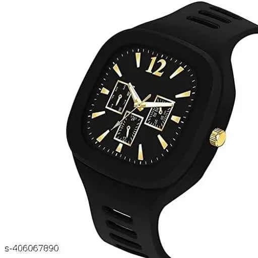 Black square analog watch with silicone strap, gold accents, designed by ADDII