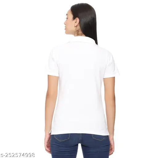 White women's polycotton pique half-sleeve polo neck office casual shirt, solid design on hanger