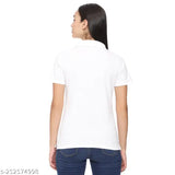White women's polycotton pique half-sleeve polo neck office casual shirt, solid design on hanger