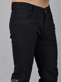 Black polycotton stretchable men's slim mid-rise jeans, ideal for casual, party, and office wear. Comfortable fit, breathable fabric, anti-corrosive buttons, and zip fly closure. Best quality for daily activities and varied sizing from 28 to 32 inches. Made in India