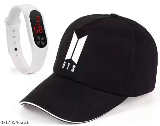 Embroidered BTS cap with white LED, cotton baseball hat featuring Korean pop group design, India-made