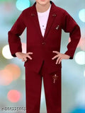 Three-piece red boys' suit set with brown pants, white shirt, and navy jacket