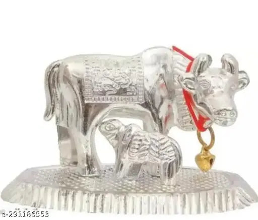Handmade metal silver Kamdhenu cow and calf spiritual showpiece, Indian artisan-crafted animal figurine for pooja, home decor, office, or car dashboards