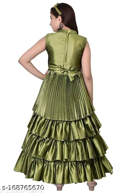 Green silk blend pleated gown, short western dress for kids - stylish kids wear with embroidered net detail, India origin