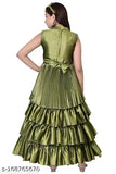 Green silk blend pleated gown, short western dress for kids - stylish kids wear with embroidered net detail, India origin