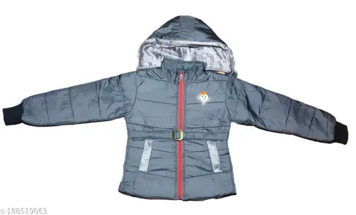 Grey puffer jacket with red zippers and hood