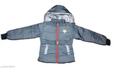 Grey puffer jacket with red zippers and hood