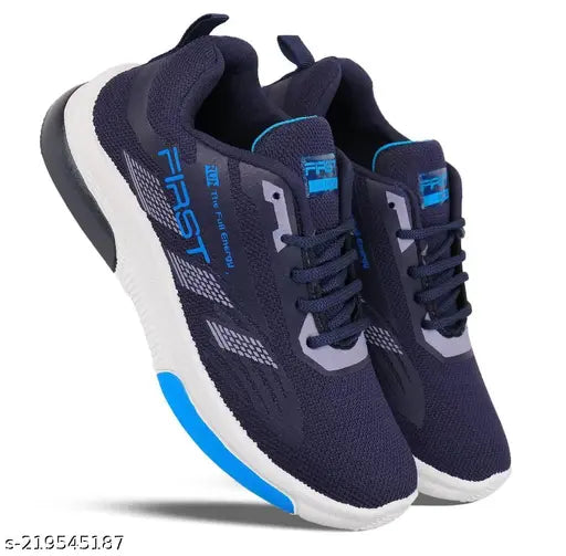 Blue sports sneakers, running shoes with logo on side, boys and girls, breathable mesh, white sole