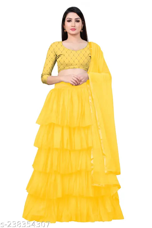 Exclusive designer ruffle embroidered satin-net lehenga choli set for kids, 3/4 sleeve, trending Indian fashion