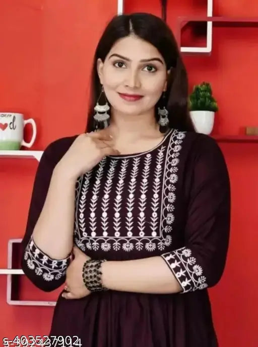 Black embroidered rayon anarkali kurta