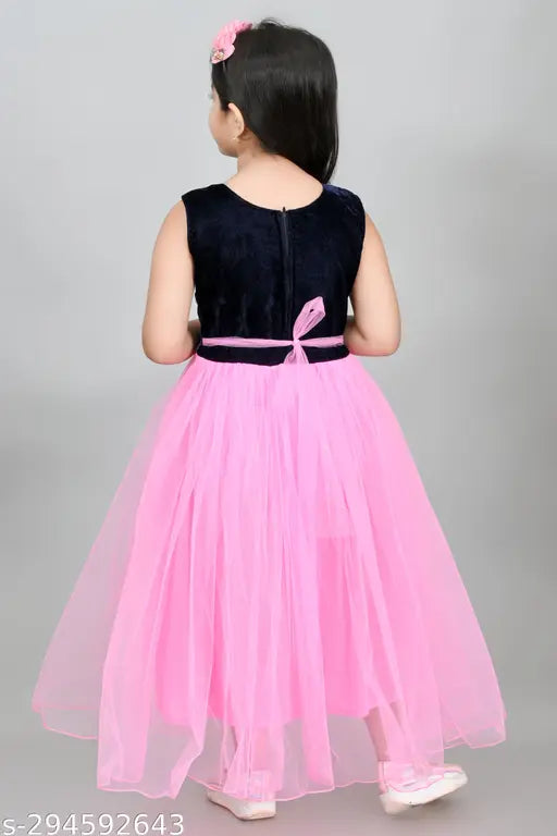 Embellished net long frock dress for girls, 0-10 years, Indian handcrafted velvet & net