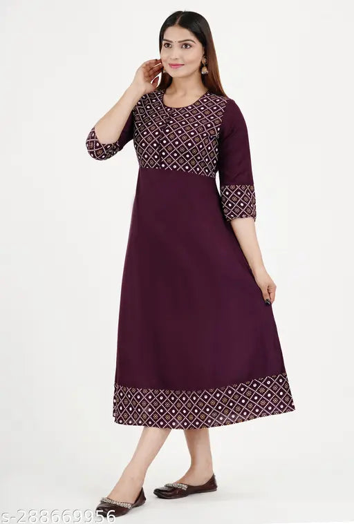 Maroon printed long kurta dress with flared bottom