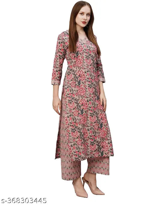 Blue cotton blend printed straight kurta with palazzos for women, featuring three-quarter sleeves and a vibrant Indian print