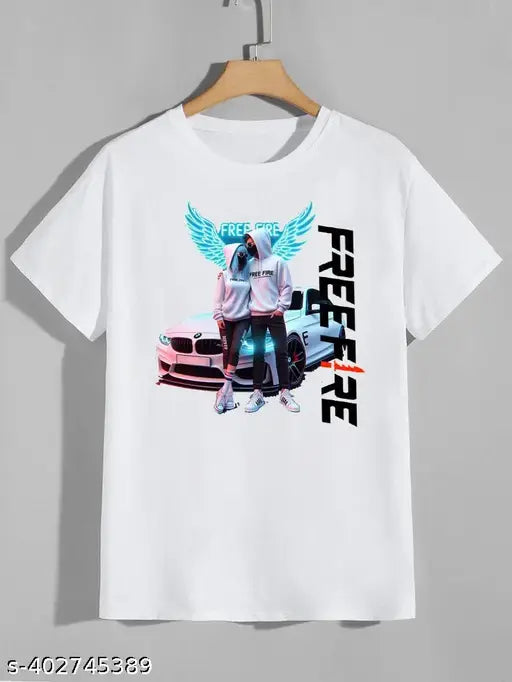 White polyester round neck t-shirt for boys with Free Fire Design printed pattern, short sleeves, size M, made in India