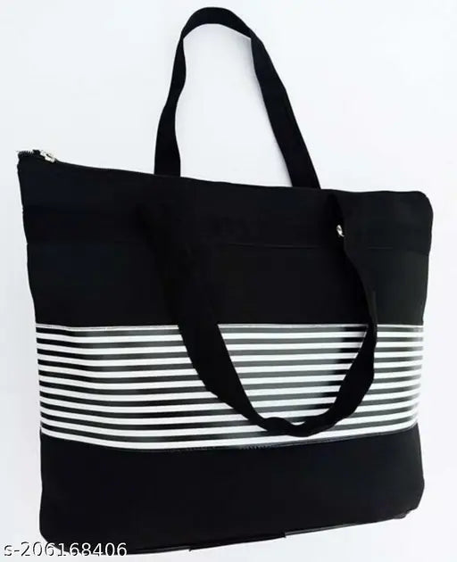 Large tote bag, black and white stripes, zip closure, carry handle